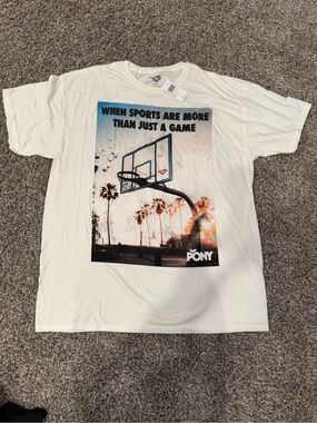 Pony White Graphic Basketball Tee with Blue and Orange Print